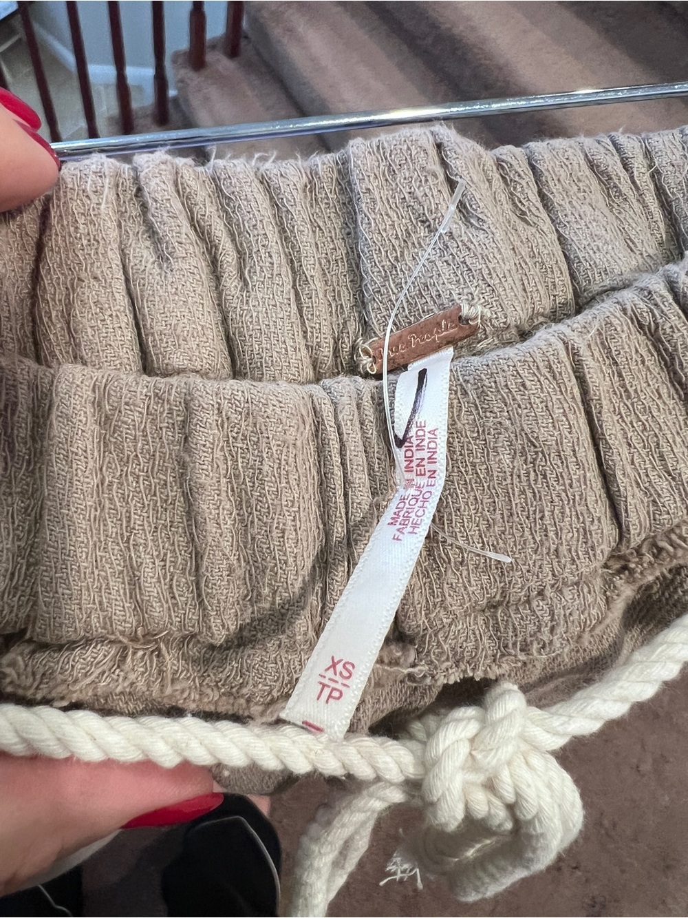 Free People Taupe Textured Wide-Leg Pants with Rope Drawstring - Picture 3 of 4